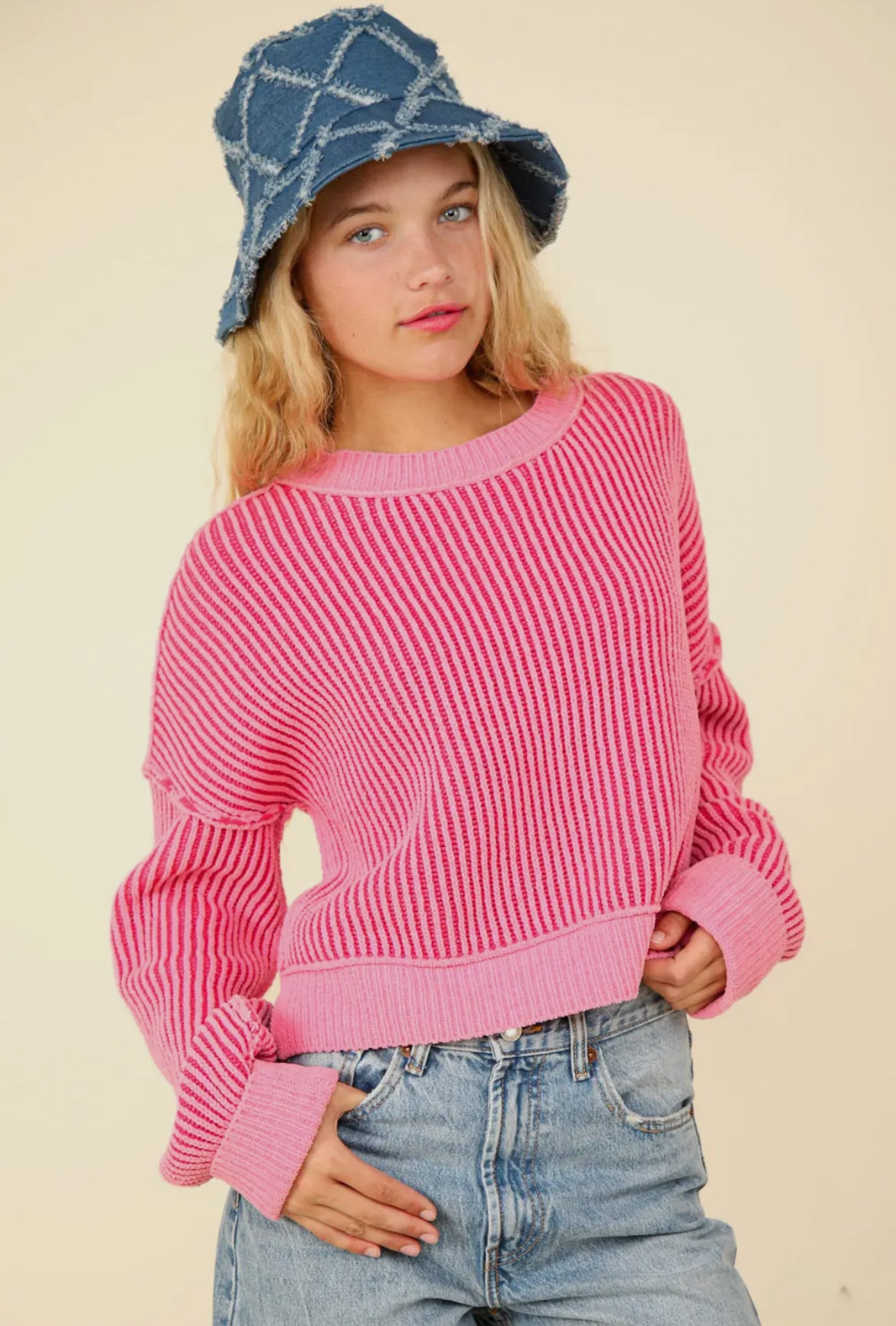 Very J Two Tone Ribbed Crop Sweater Hot Pink Small