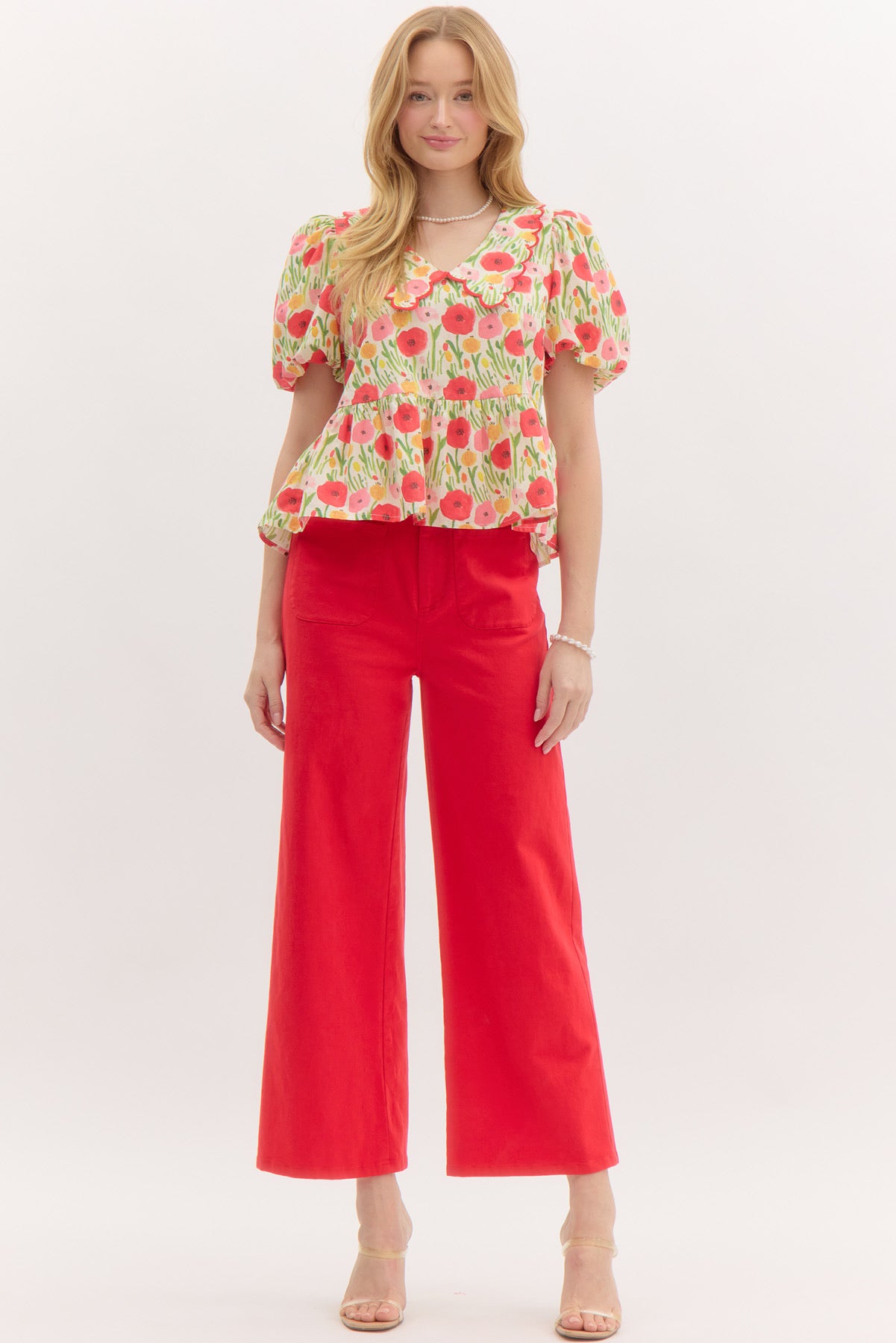 Cheerful Cherry Red Scallop Collar Floral Top