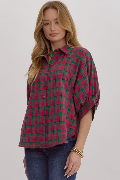 Magenta Oversized Plaid Button Down Top