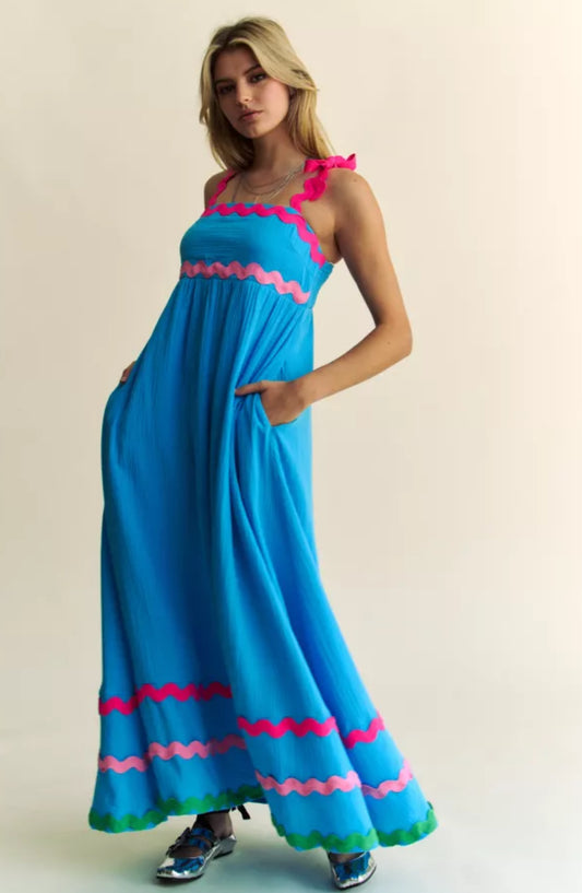 Cotton Candy Blue Gauze Wavy Trim Maxi Dress