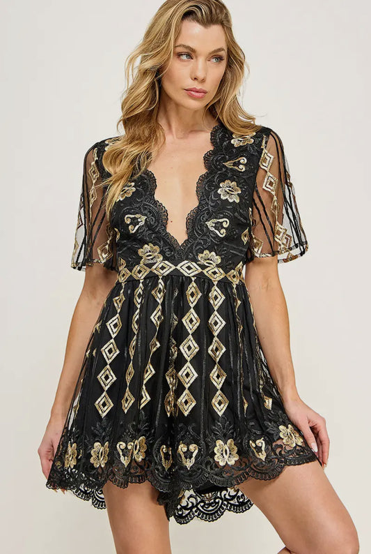 Va Va Voom Black & Gold Embroidered Romper