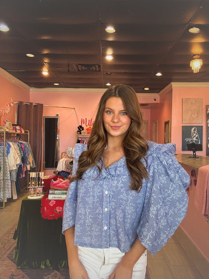 Gingham & Floral Puff Sleeve Button Down