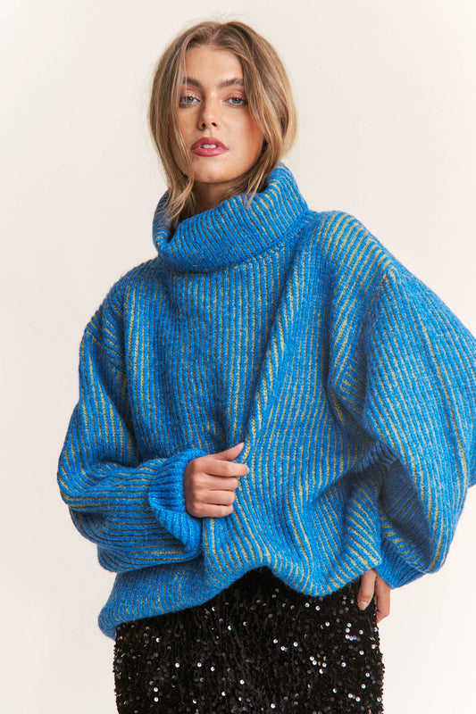 Spanish Blue Knit Oversized Turtleneck Sweater