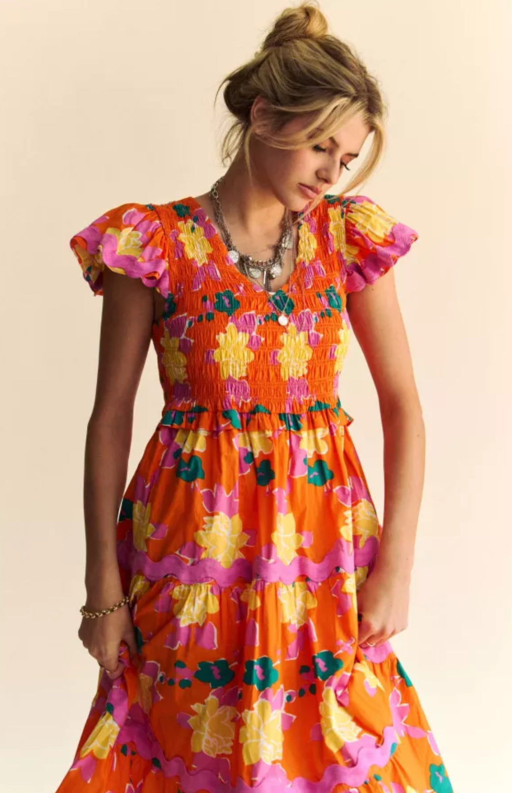 Olathe Orange Floral Smocked Midi Dress