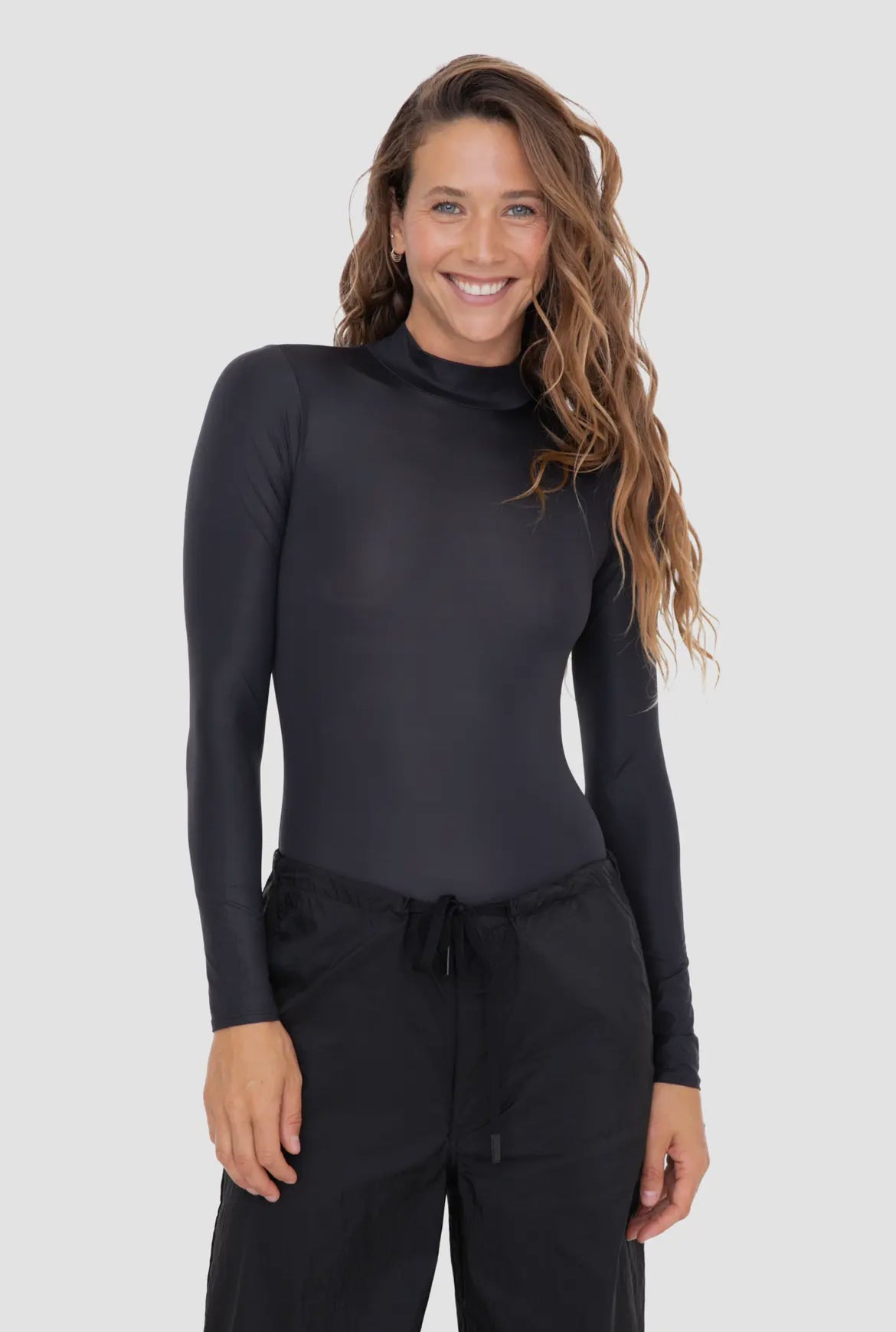 Mika Metallic Mock Neck Long Sleeve Bodysuit - BLACK