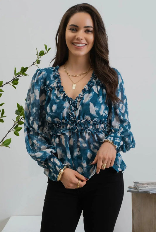 Textured Teal Empire Waist Blouse