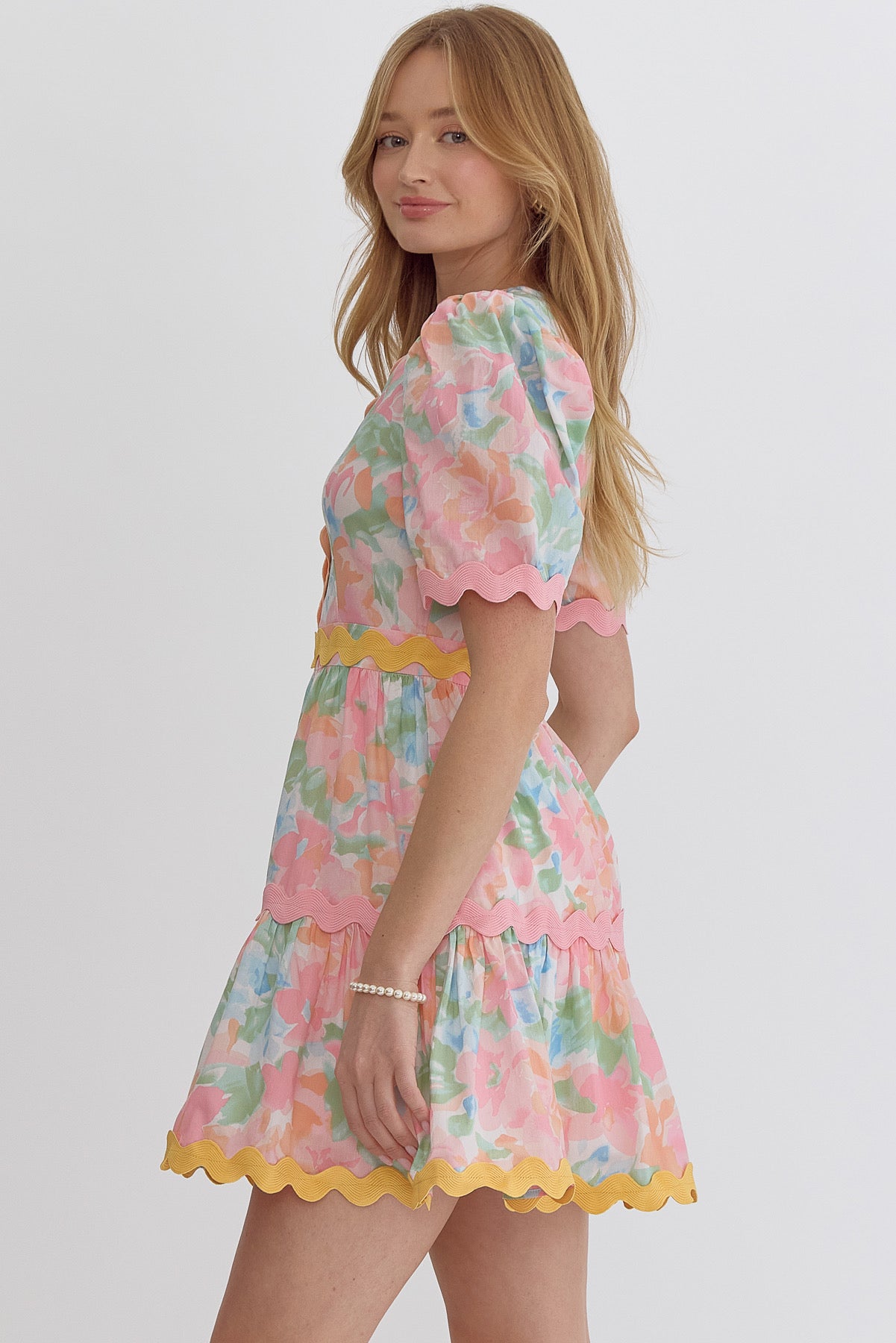 Floral Trim Puff Sleeve Dress