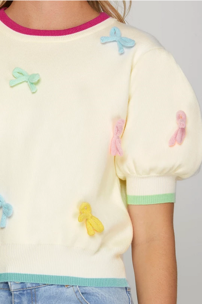 Cream Puff Short Sleeve Multicolor Bow Sweater