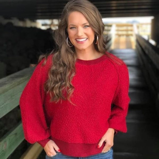 Cherry Red Puff Sleeve Boat Neck Sweater