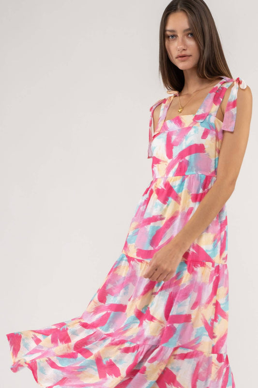 Brush Stroke Tiered Midi Dress: Fuchsia