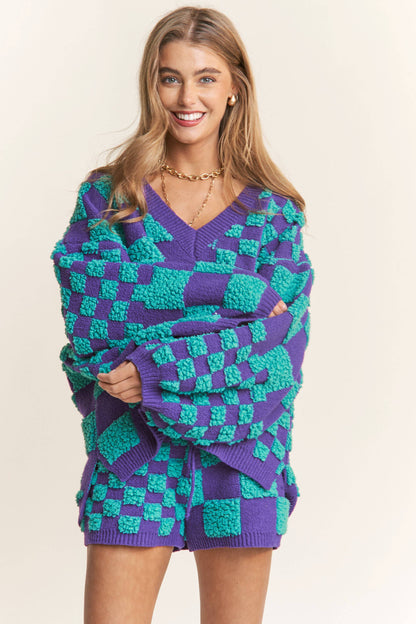 Galaxy Knit Checkered V- Neck Pullover Sweater