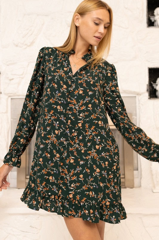 Hunter Green Long Sleeve Floral Swing Dress