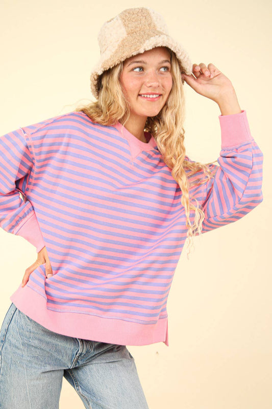 Comfy Striped Pink & Purple Casual Oversized Knit Top