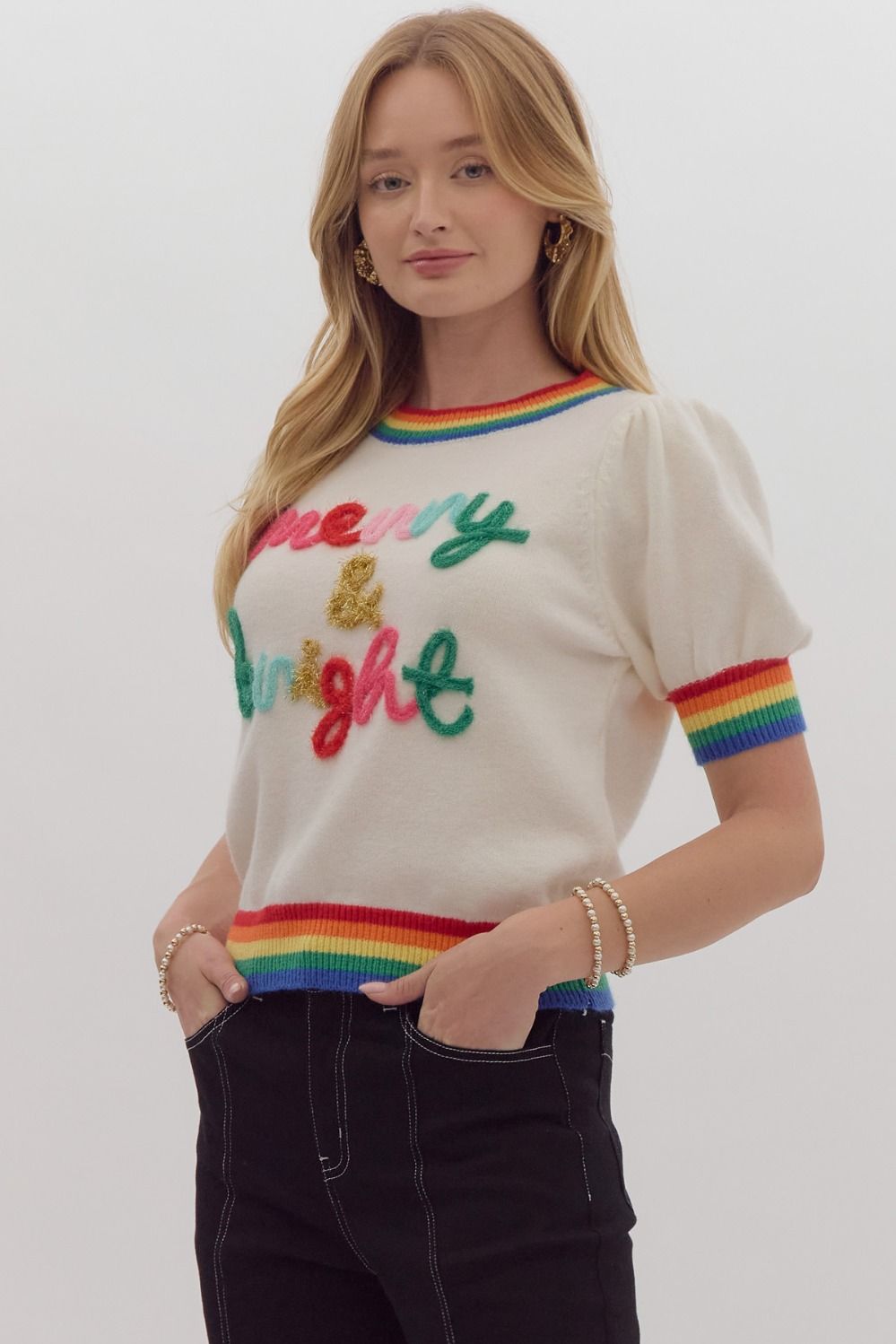 Merry & Bright Rainbow Band Short Sleeve Sweater