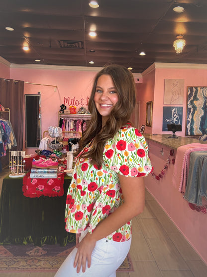 Cheerful Cherry Red Scallop Collar Floral Top