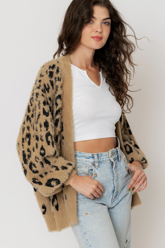 Leopard Puff Sleeve Cardigan