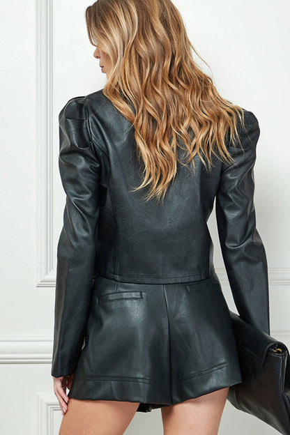 Faux Leather Puff Long Sleeve Jacket