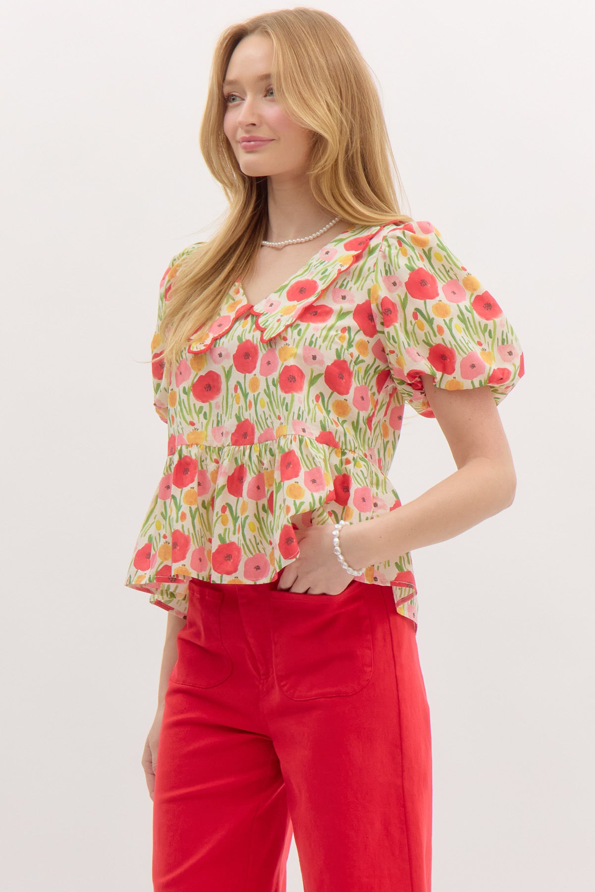 Cheerful Cherry Red Scallop Collar Floral Top