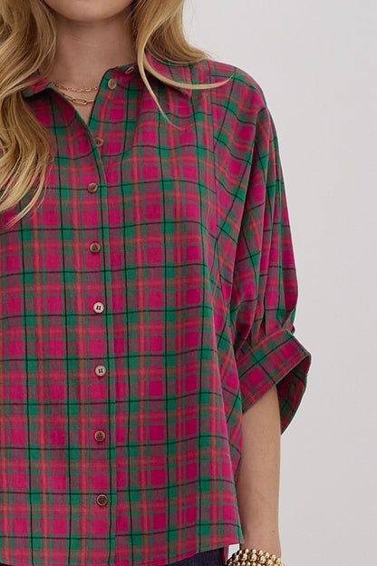 Magenta Oversized Plaid Button Down Top