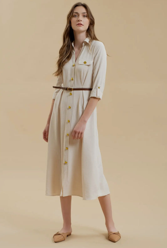 Perfectly Put Together Button Down Midi Dress: Oatmeal