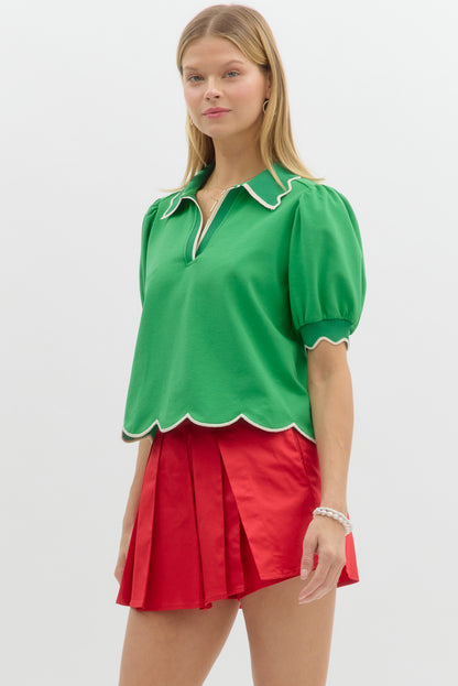 Green Collar Scallop Puff Sleeve Polo Top