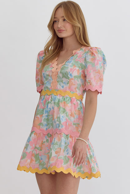 Floral Trim Puff Sleeve Dress