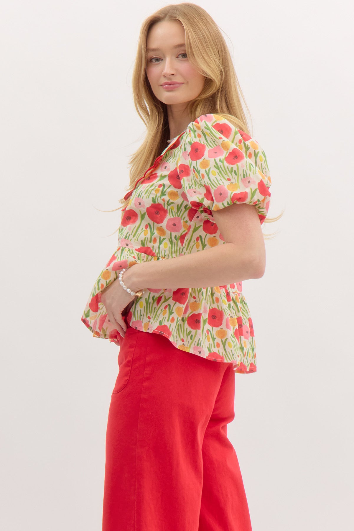 Cheerful Cherry Red Scallop Collar Floral Top