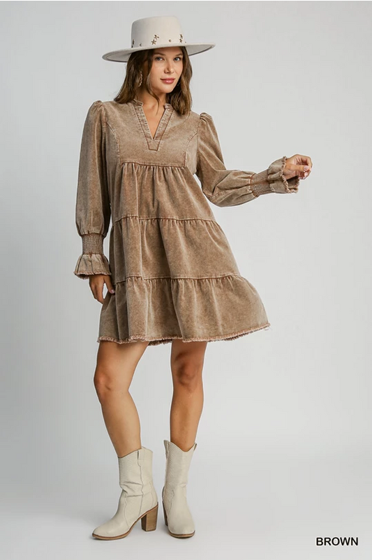 Boho Distressed Corduroy Dress - Brown