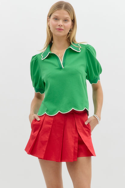 Green Collar Scallop Puff Sleeve Polo Top