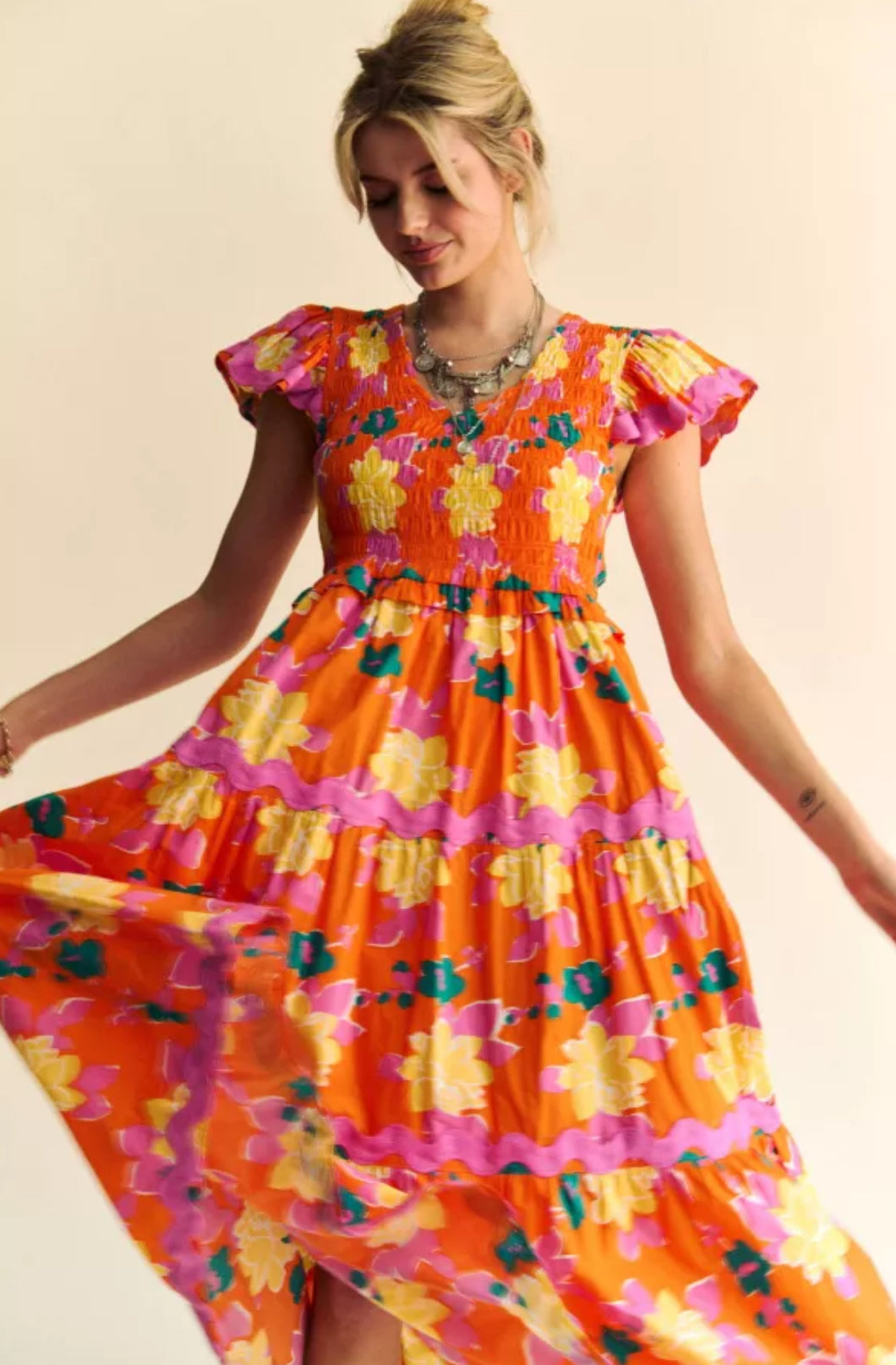 Olathe Orange Floral Smocked Midi Dress