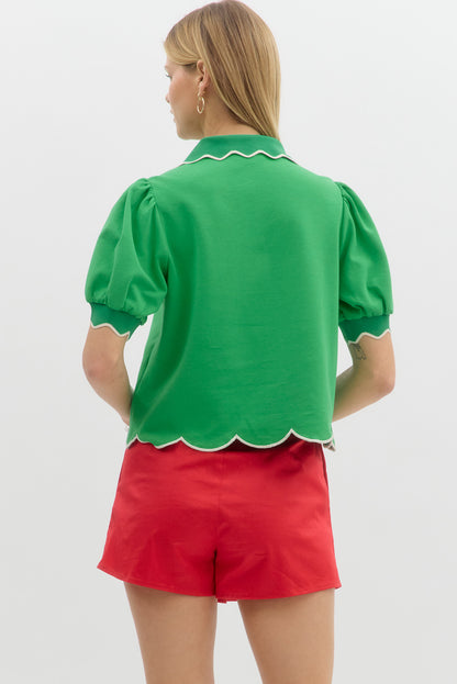 Green Collar Scallop Puff Sleeve Polo Top