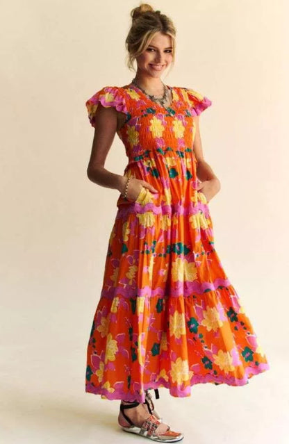 Olathe Orange Floral Smocked Midi Dress