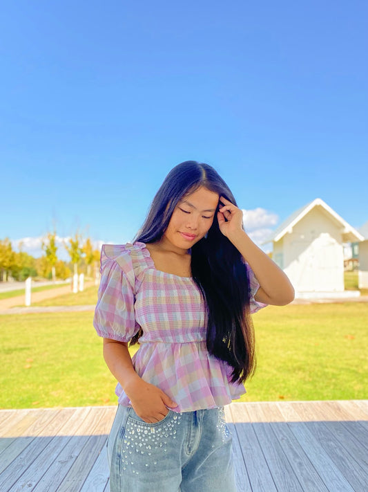 Smocked Purple Plaid Peplum Top