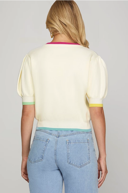 Cream Puff Short Sleeve Multicolor Bow Sweater