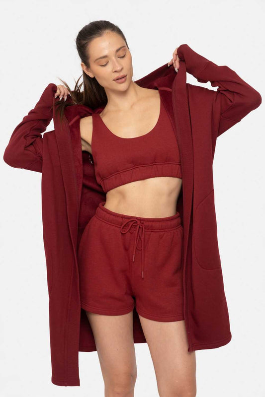 Red Velvet Longline Hooded Fleece Lined Cardigan