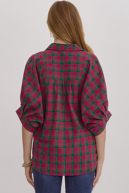 Magenta Oversized Plaid Button Down Top