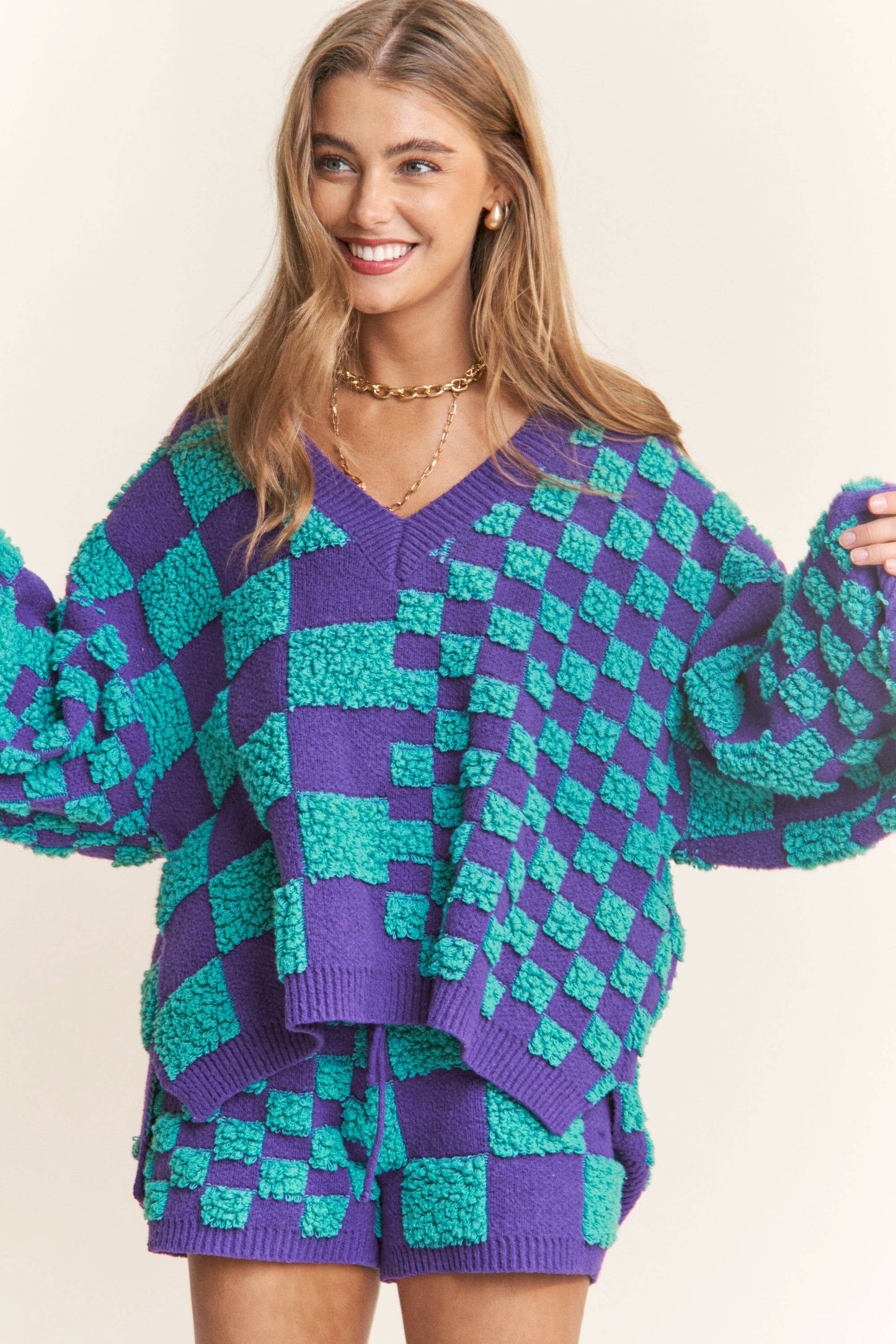 Galaxy Knit Checkered V- Neck Pullover Sweater