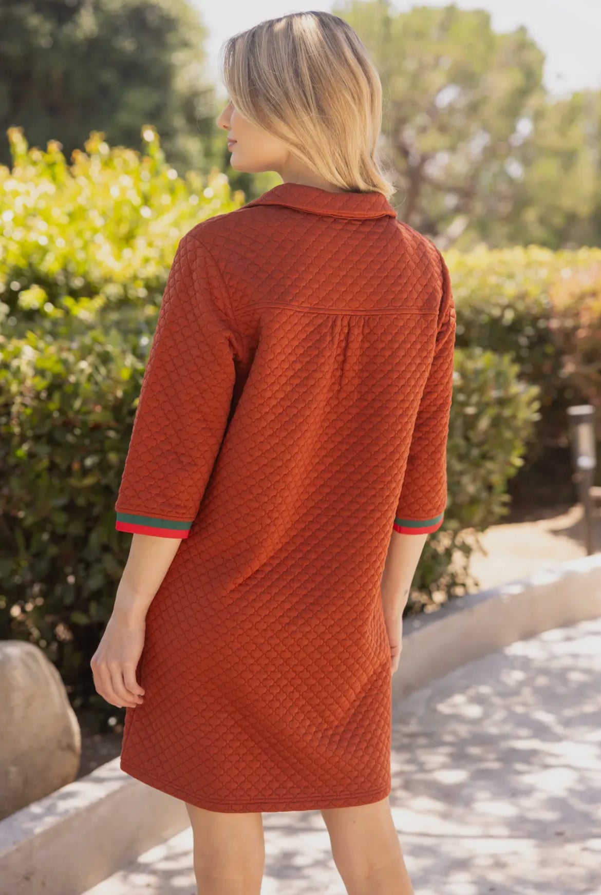 Texture Stripe Band Dress: Rust