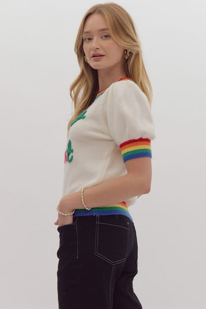 Merry & Bright Rainbow Band Short Sleeve Sweater