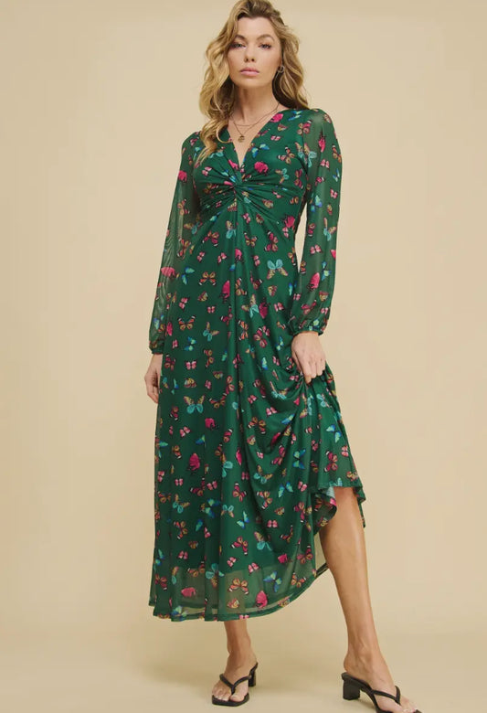 Long Sleeve Green Mesh Butterfly 🦋 Midi Dress