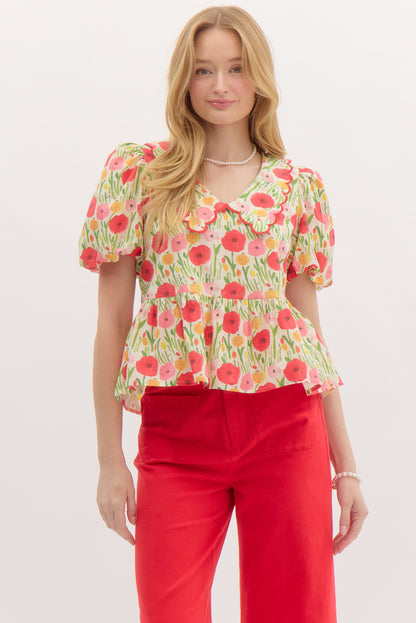 Cheerful Cherry Red Scallop Collar Floral Top