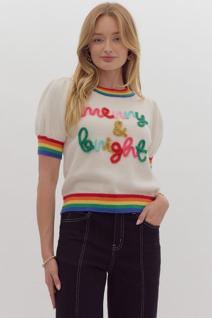 Merry & Bright Rainbow Band Short Sleeve Sweater