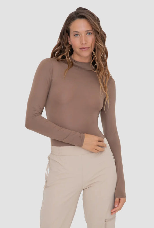 Mika Metallic Mock Neck Long Sleeve Bodysuit - BRONZE