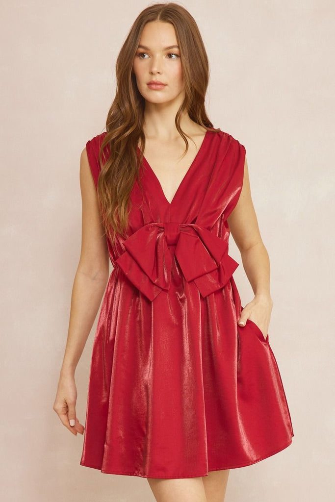 Put A Bow On It Metallic Sheen Holiday Dress Ruby Red