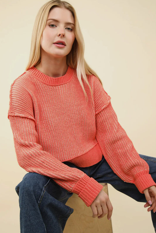 Two Tone Ribbed Crop Sweater: Tangerine