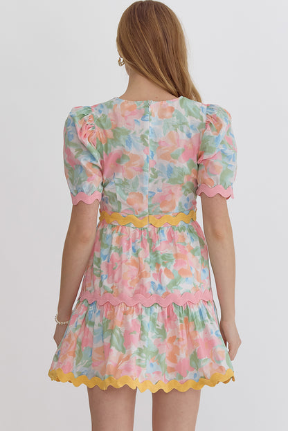 Floral Trim Puff Sleeve Dress