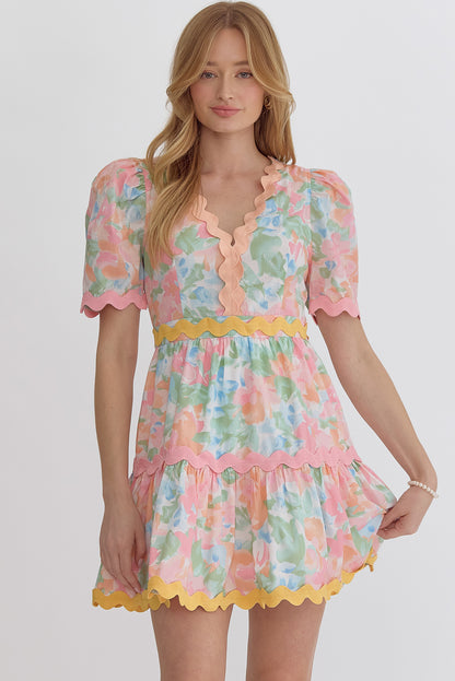 Floral Trim Puff Sleeve Dress