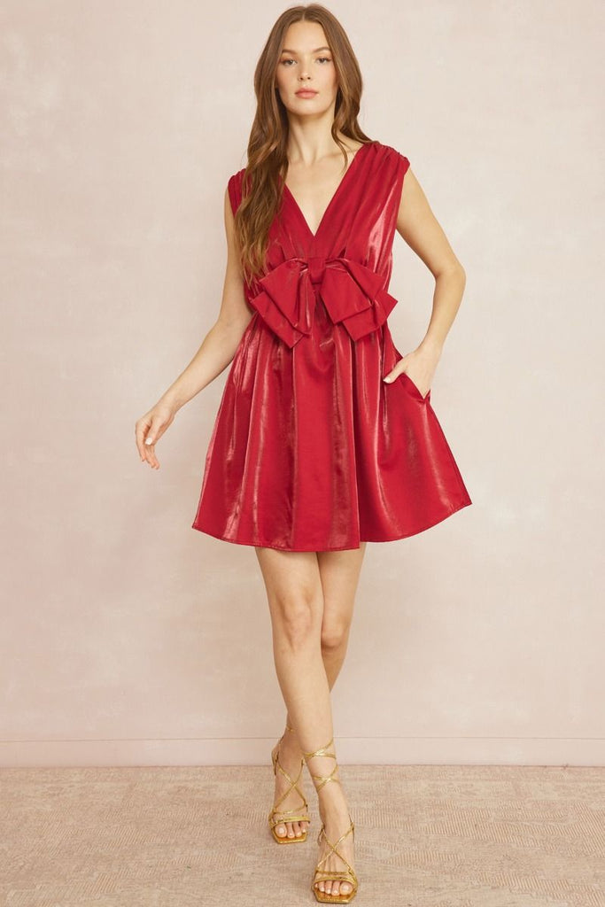 Put A Bow On It Metallic Sheen Holiday Dress Ruby Red