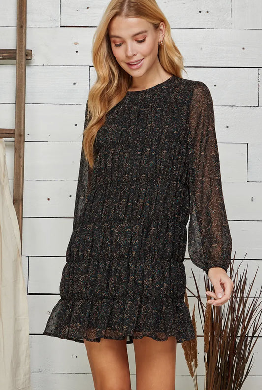 Black Ditsy Print Tiered Mini Dress