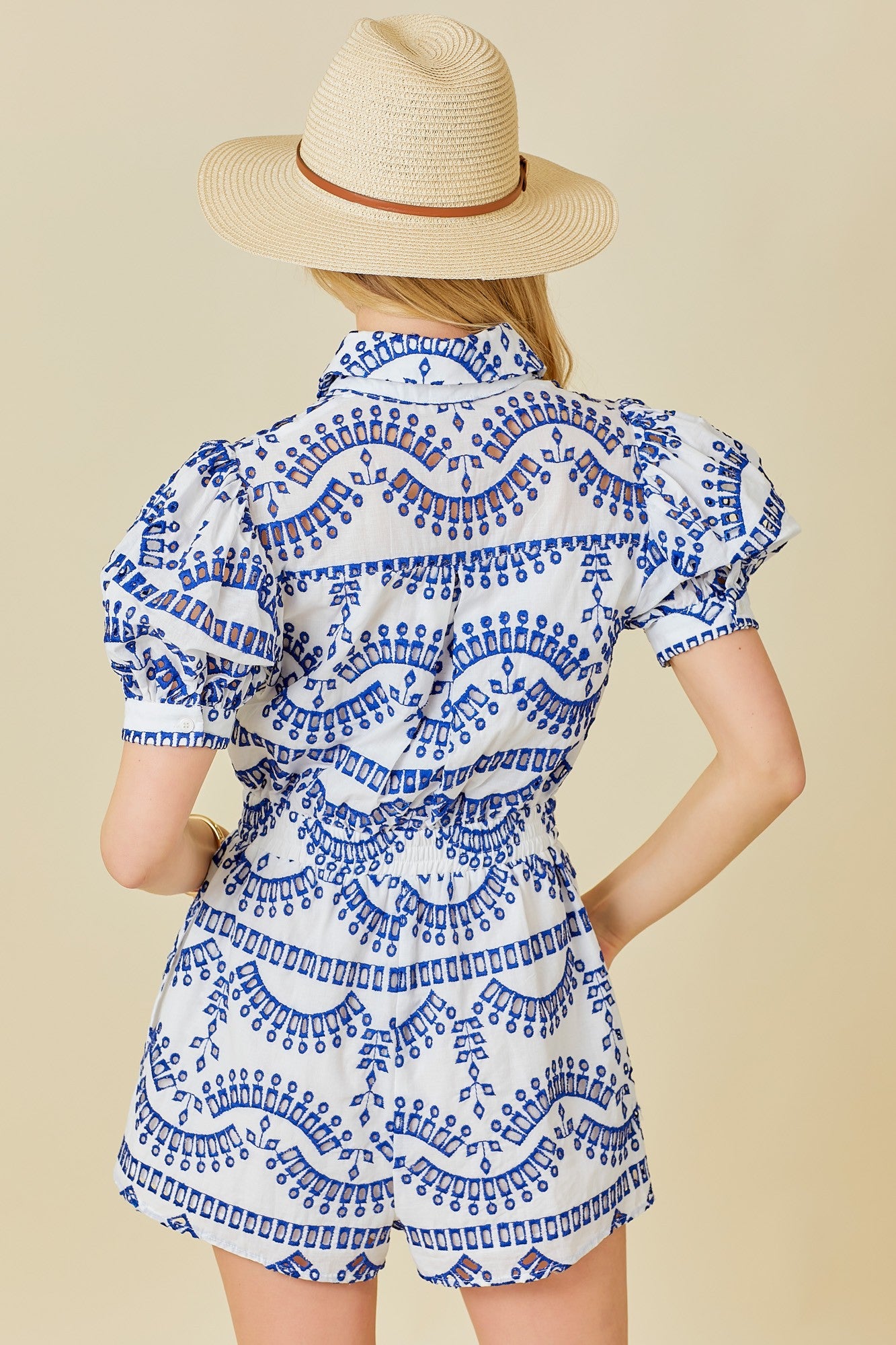 Blue Eyelet Puff Sleeve Romper